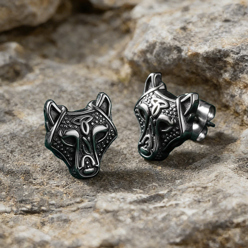 WorldNorse Viking Wolf Head Engraved Stud Earrings - image 1