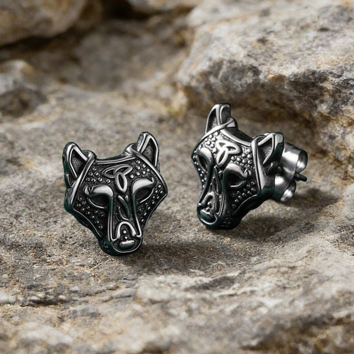 WorldNorse Viking Wolf Head Engraved Stud Earrings - image 1