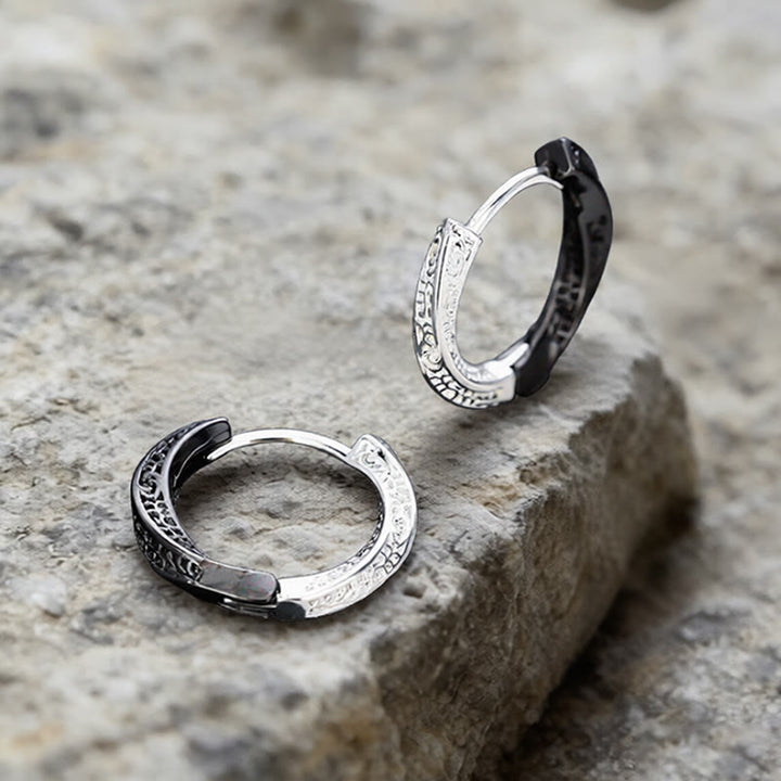 WorldNorse Viking Two Tone Engraved Hoop Earrings - Black Silver - image 0