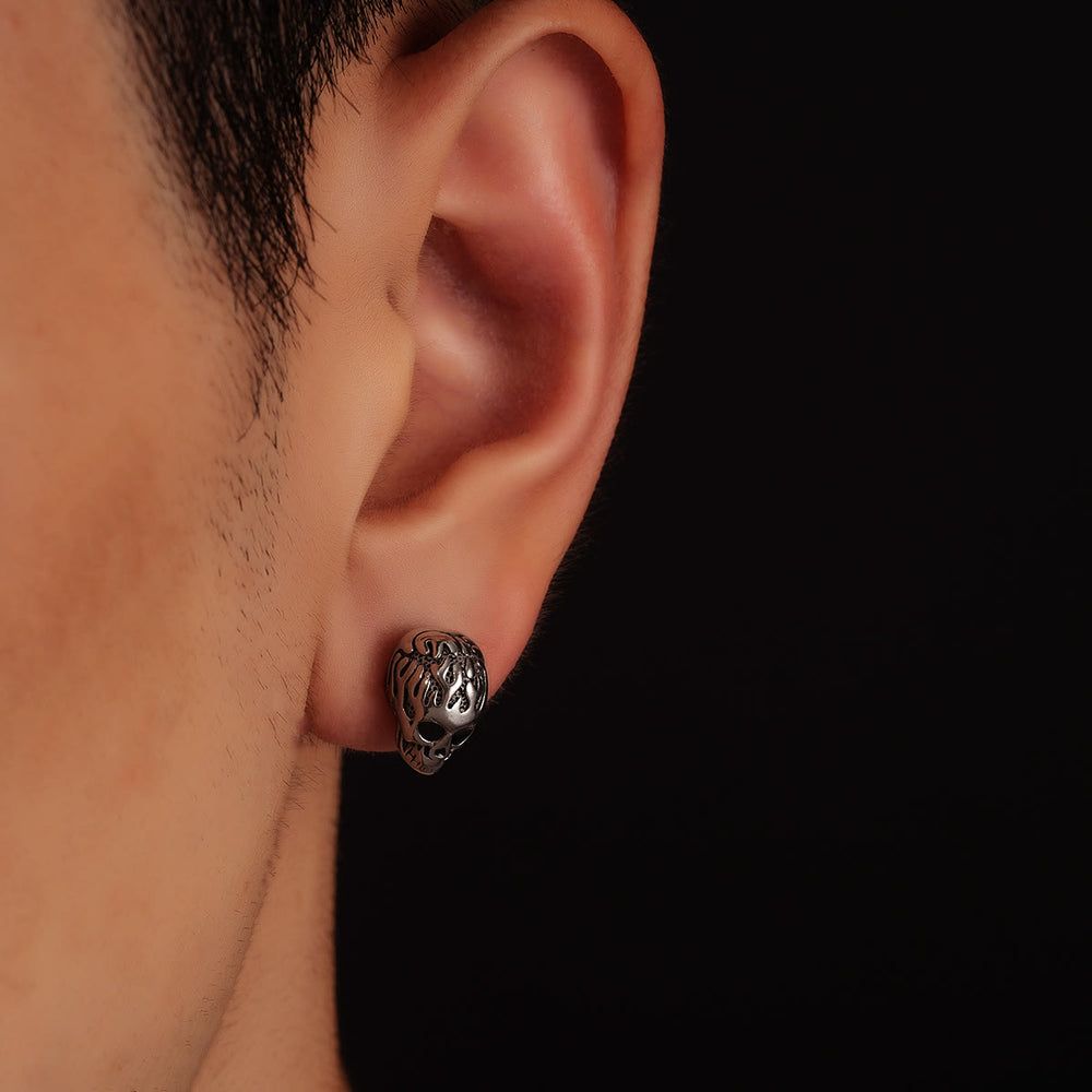 WorldNorse Flame Skull Carved Rustic Stud Earrings - image 1