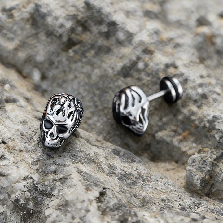 WorldNorse Flame Skull Carved Rustic Stud Earrings - image 3