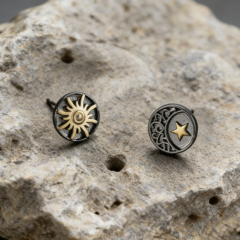 WorldNorse Sun Moon Star Carved Vintage Earrings - image 3