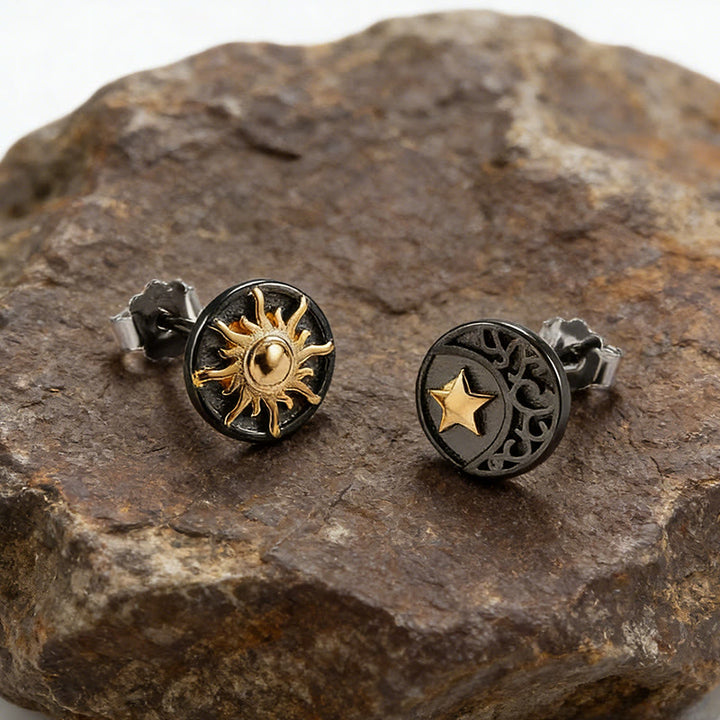 WorldNorse Sun Moon Star Carved Vintage Earrings - image 5