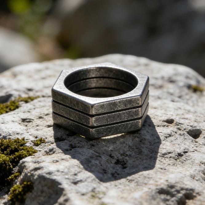 WorldNorse Minimalist Hexagon Band Ring - Retro Black - US 14 - image 0