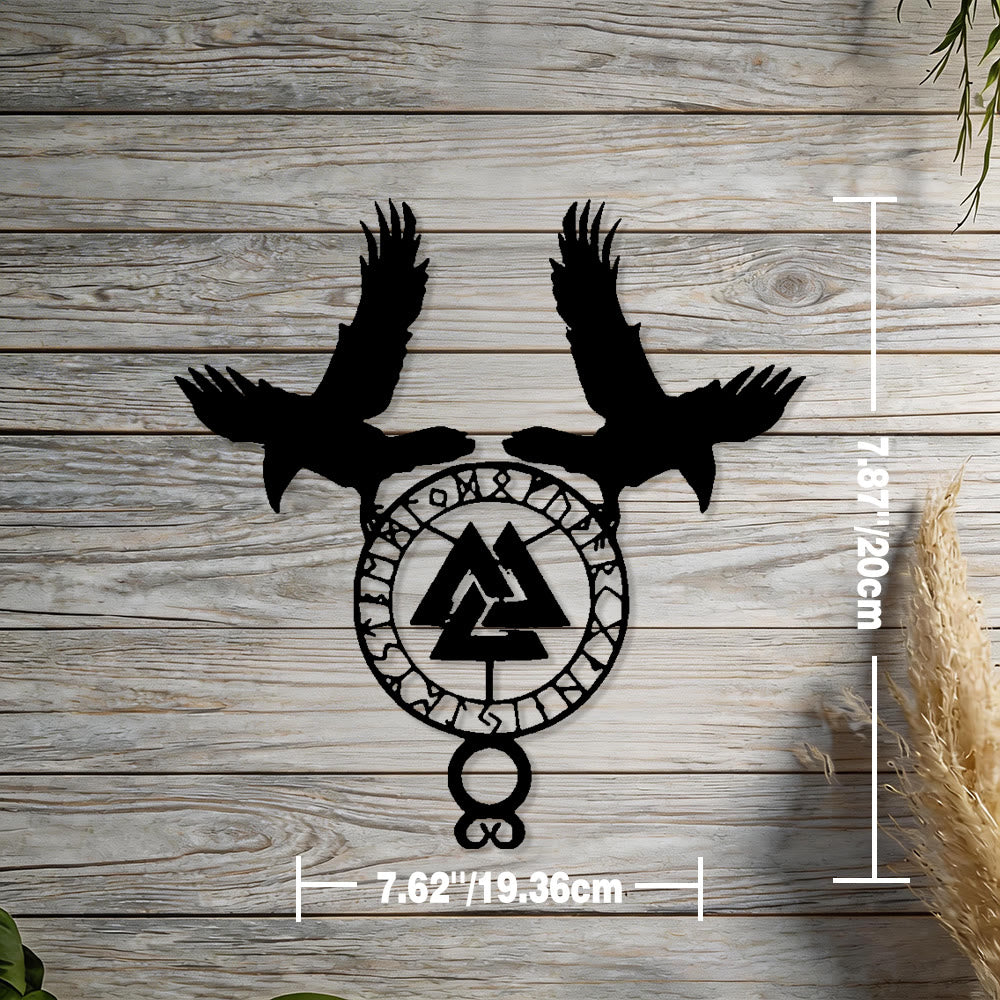 WorldNorse Viking Valknut Twin Ravens Rune Metal Wall Decor - Black - 7.62''*7.87''/19.36*20cm - image 1