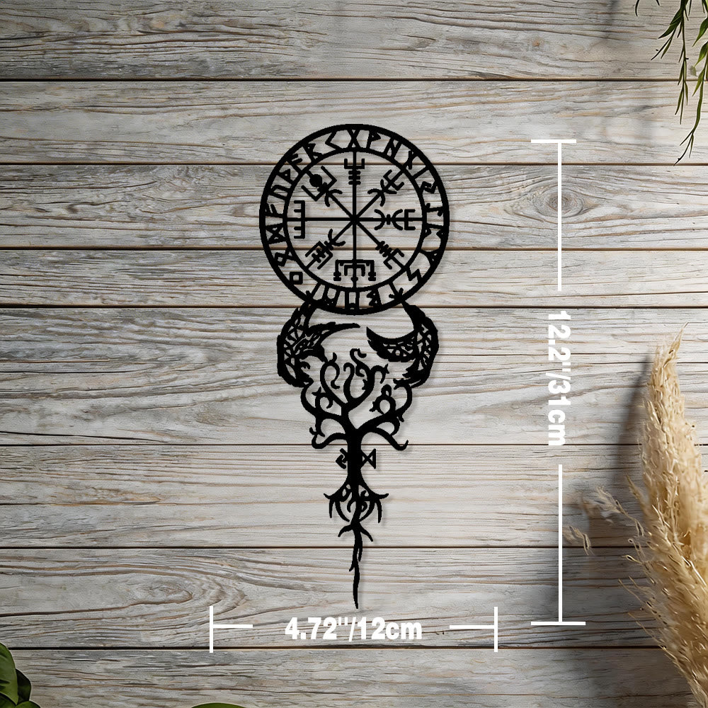 WorldNorse Odinic Compass Raven Yggdrasil Rune Metal Wall Decor - Black - 4.72''*12.2''/12*31cm - image 1