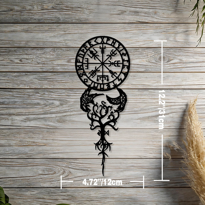 WorldNorse Odinic Compass Raven Yggdrasil Rune Metal Wall Decor - Black - 4.72''*12.2''/12*31cm - image 1