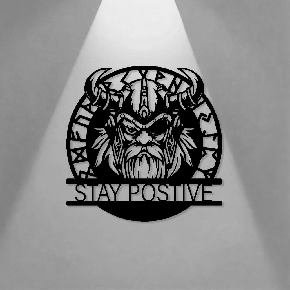 WorldNorse Horned Warrior Stay Positive Rune Circle Metal Wall Decor - image 0