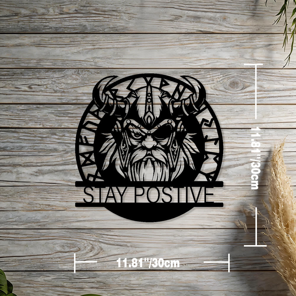 WorldNorse Horned Warrior Stay Positive Rune Circle Metal Wall Decor - Black - 11.81''*11.81''/30*30cm - image 1
