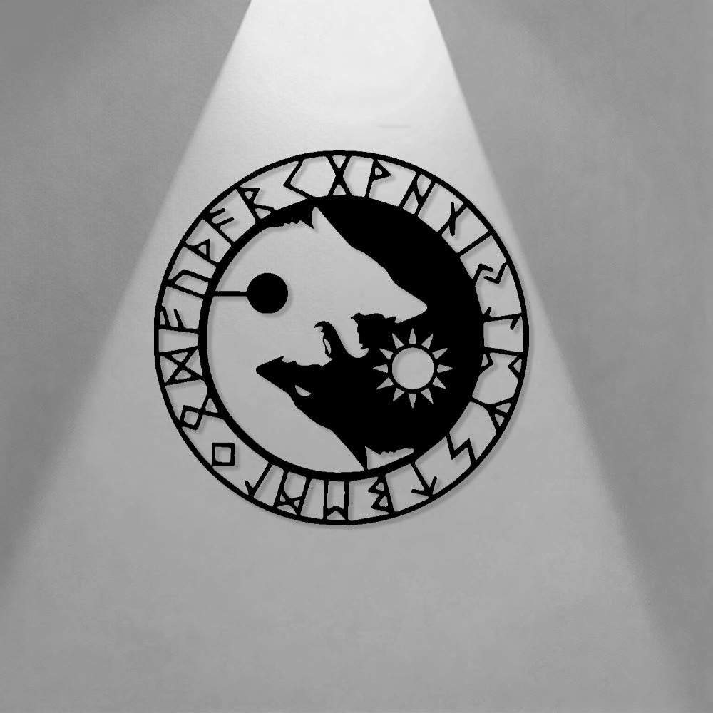 WorldNorse Sun Moon Wolves Stave Rune Circle Metal Wall Decor - image 0