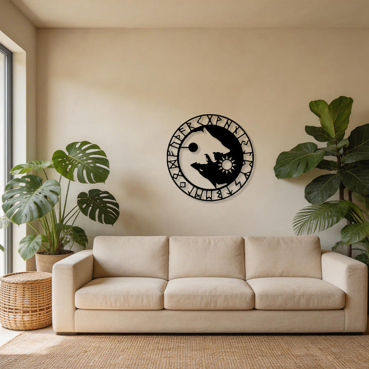 WorldNorse Sun Moon Wolves Stave Rune Circle Metal Wall Decor - image 5