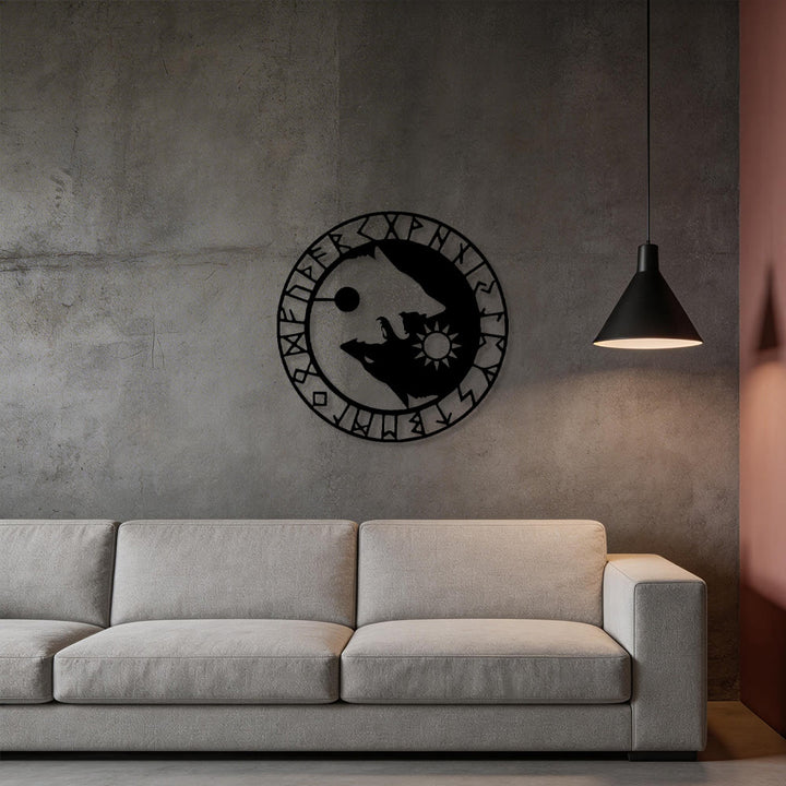 WorldNorse Sun Moon Wolves Stave Rune Circle Metal Wall Decor - image 6