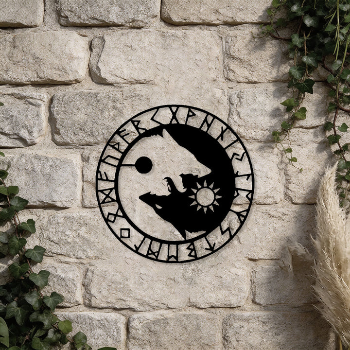 WorldNorse Sun Moon Wolves Stave Rune Circle Metal Wall Decor - image 4