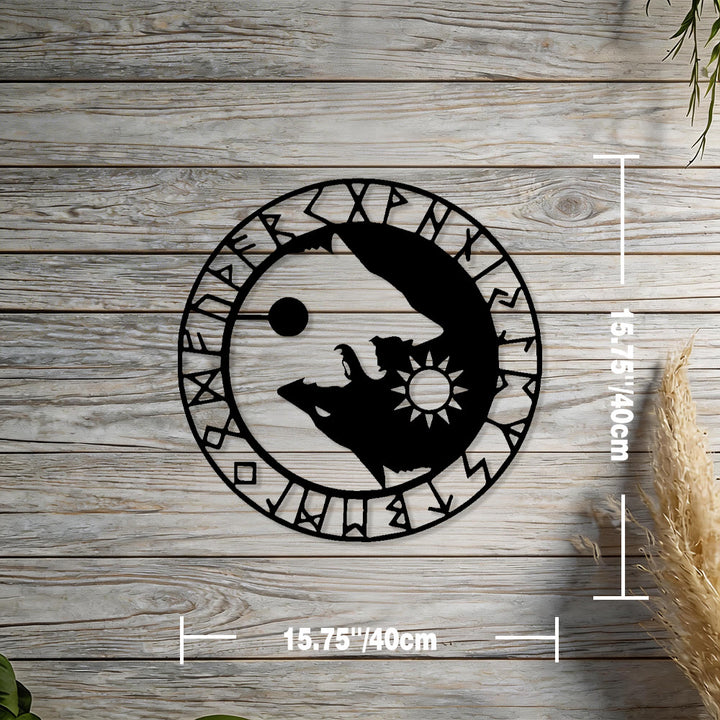 WorldNorse Sun Moon Wolves Stave Rune Circle Metal Wall Decor - Black - 15.75''*15.75''/40*40cm - image 2