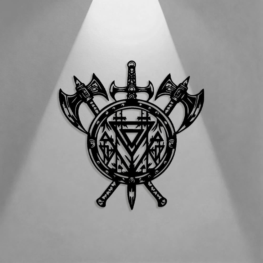 WorldNorse Valknut Shield Axe Sword Metal Wall Decor - image 0