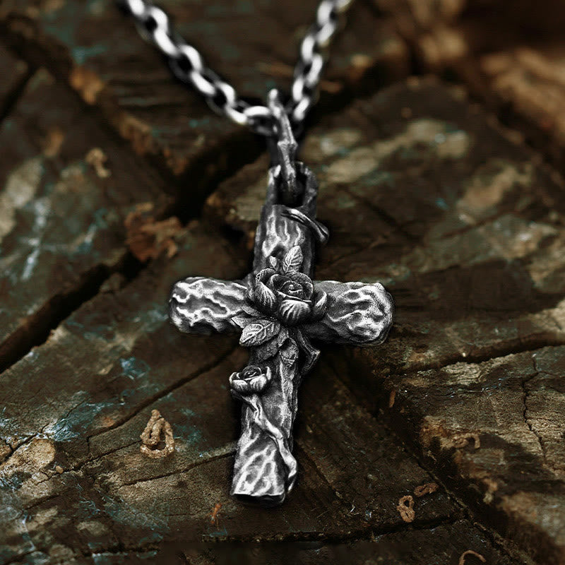 WorldNorse Handcrafted 999 Silver Thorn Cross Rose Necklace - 55cm Silver Chain - image 0