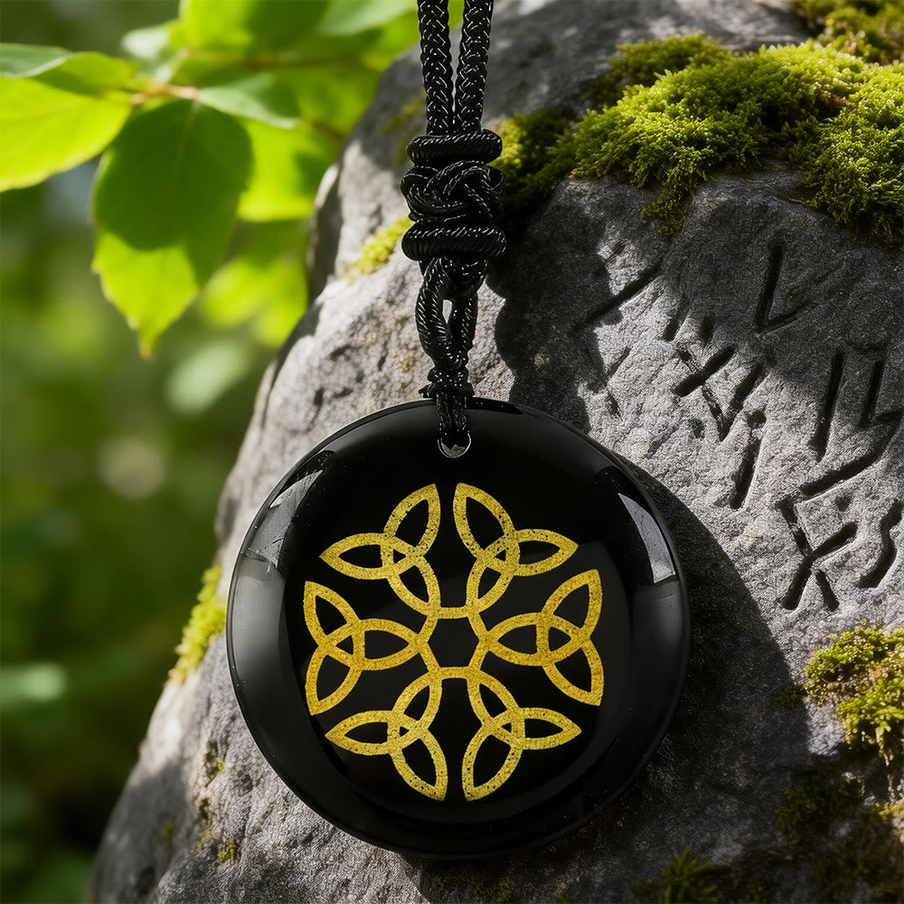 WorldNorse Triquetra Flower Knot Crystal Necklace - Black Obsidian - image 0