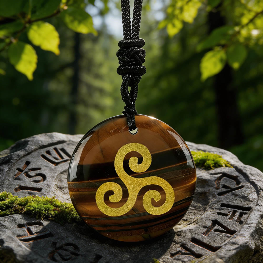 WorldNorse Triskelion Spiral Knot Crystal Necklace - Tiger's Eye - image 0