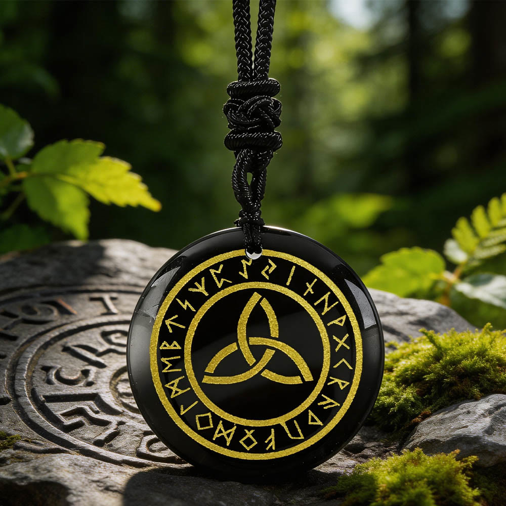 WorldNorse Triquetra Rune Circle Crystal Necklace - Black Obsidian - image 0
