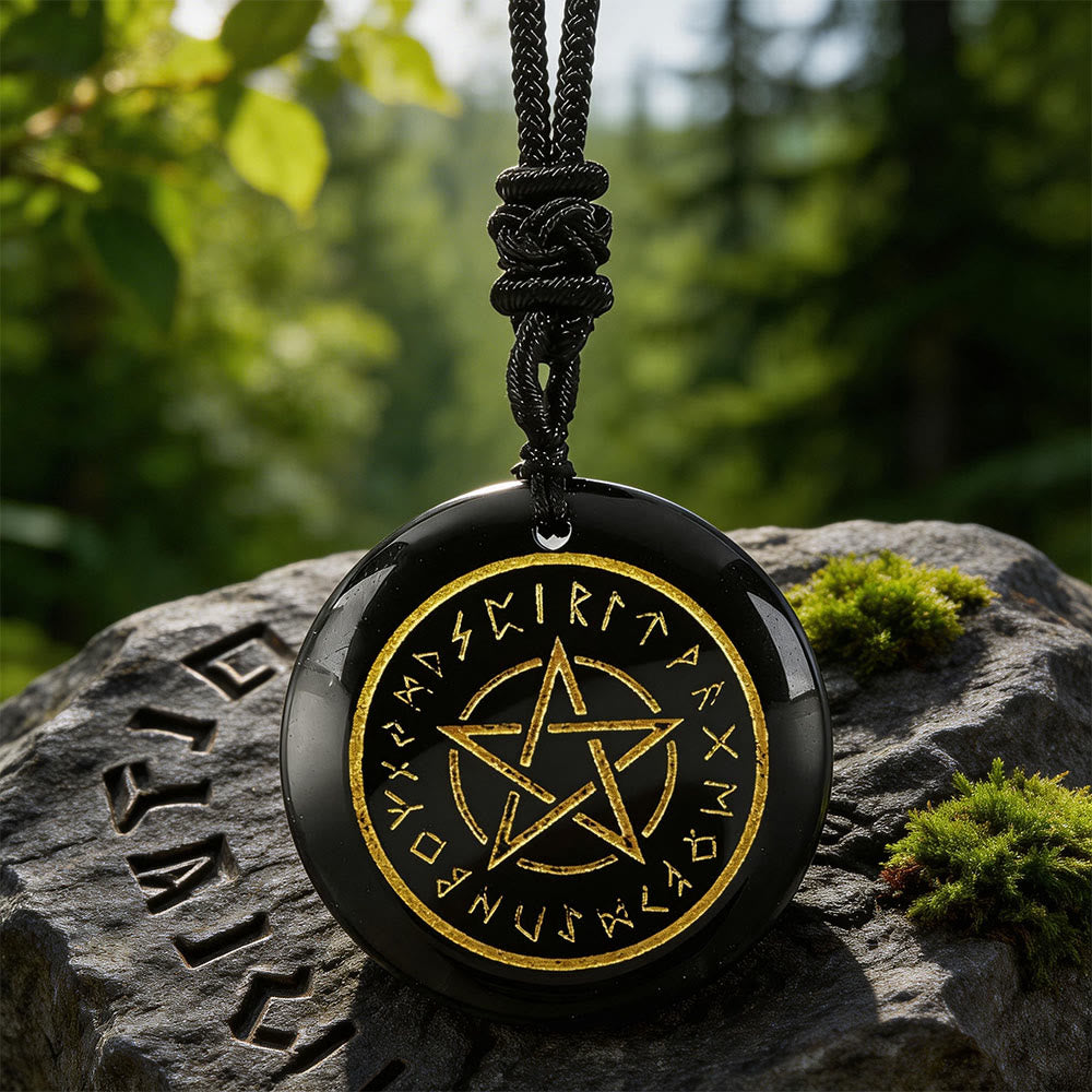 WorldNorse Pentacle Rune Warding Crystal Necklace - Black Obsidian - image 2