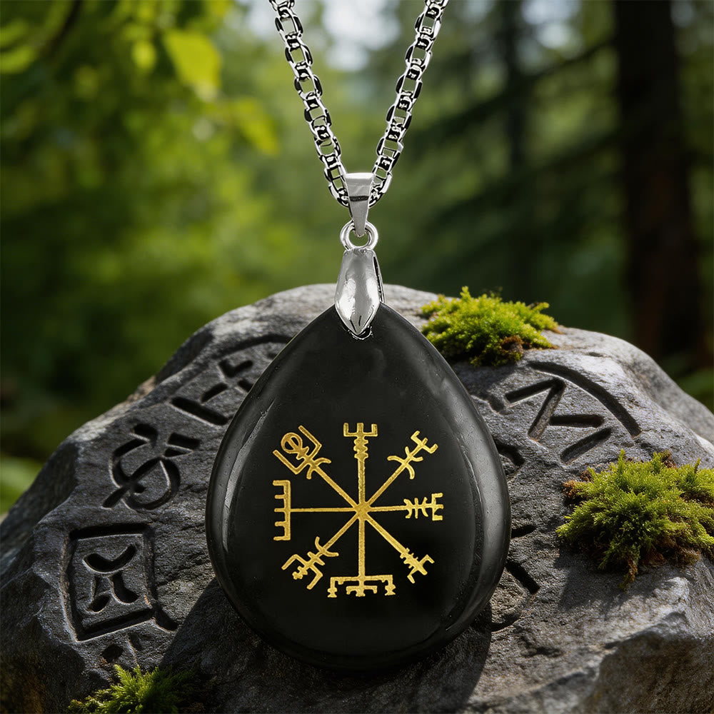 WorldNorse Viking Vegvisir Journey Warding Crystal Necklace - Black Obsidian - image 1