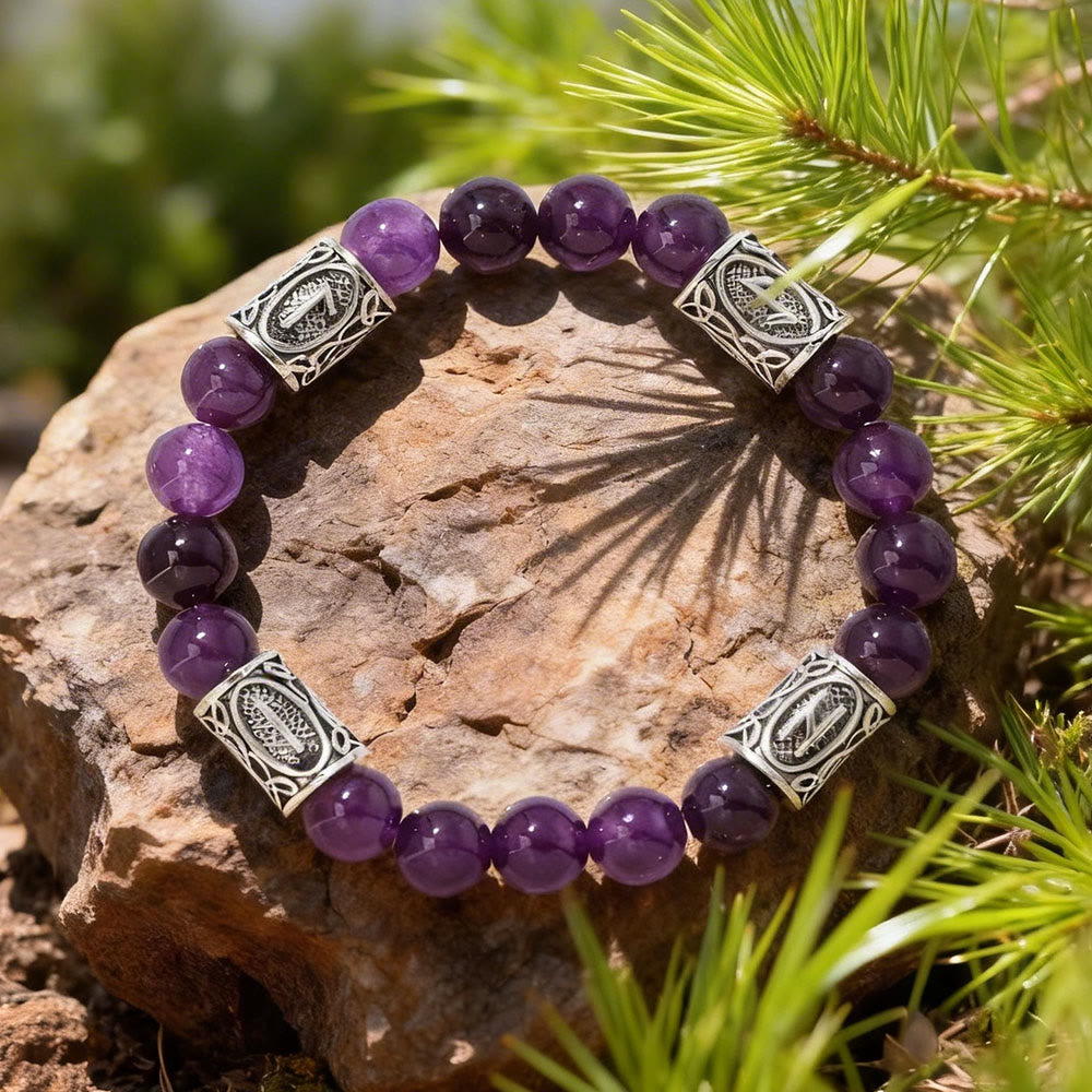 WorldNorse Viking Rune Talisman Protection Crystal Beaded Bracelet - Amethyst - image 1