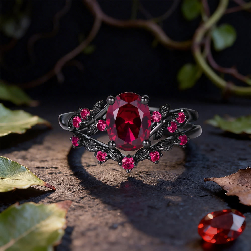 WorldNorse Dark Romance Ruby Black Leaf Ring Set - US 10 - image 0