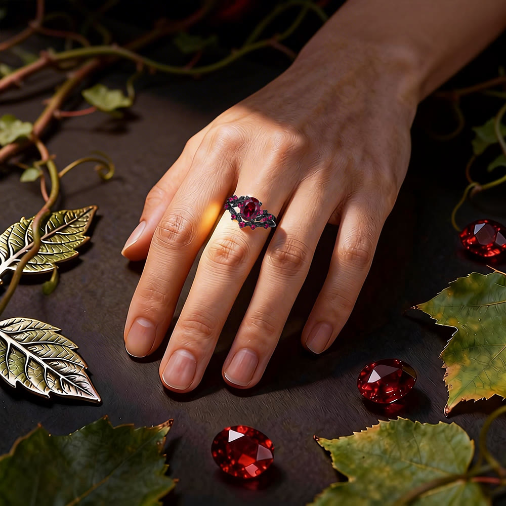 WorldNorse Dark Romance Ruby Black Leaf Ring Set - image 1