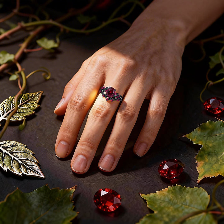WorldNorse Dark Romance Ruby Black Leaf Ring Set - image 1