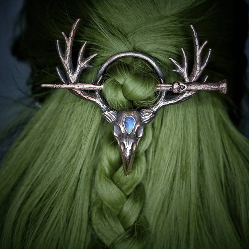 WorldNorse Raven Skull Antler Moonstone Hairpin - Red Bronze - image 0