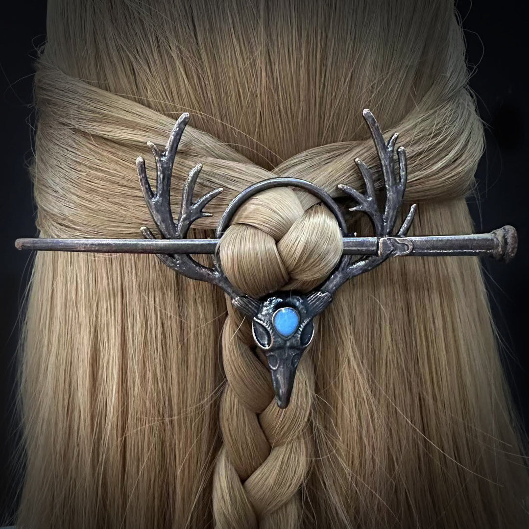 WorldNorse Raven Skull Antler Moonstone Hairpin - Silver - image 2