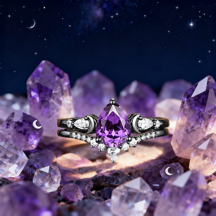 FREE Today: Black Gold Plated Amethyst Moon Ring Set - US 10 - image 0