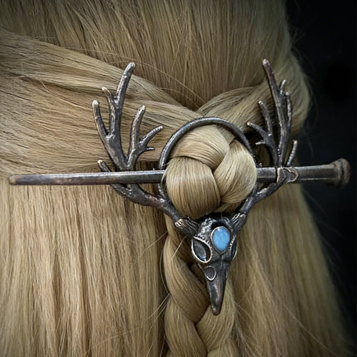 WorldNorse Raven Skull Antler Moonstone Hairpin - image 4