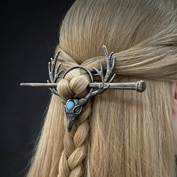 WorldNorse Raven Skull Antler Moonstone Hairpin - image 3