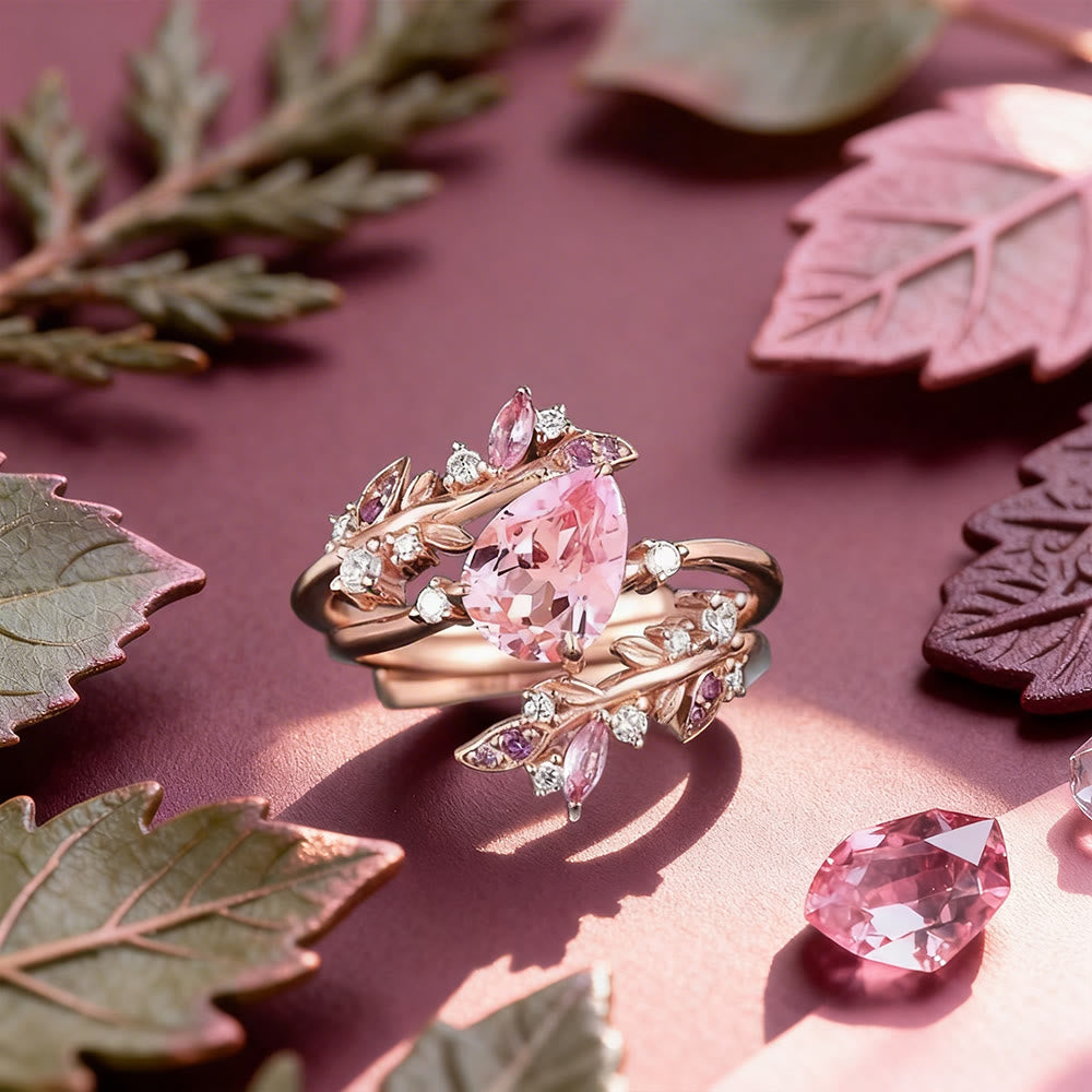 FREE Today: Rose Gold Teardrop Pink Tourmaline Leaf Ring Set - US 10 - image 0