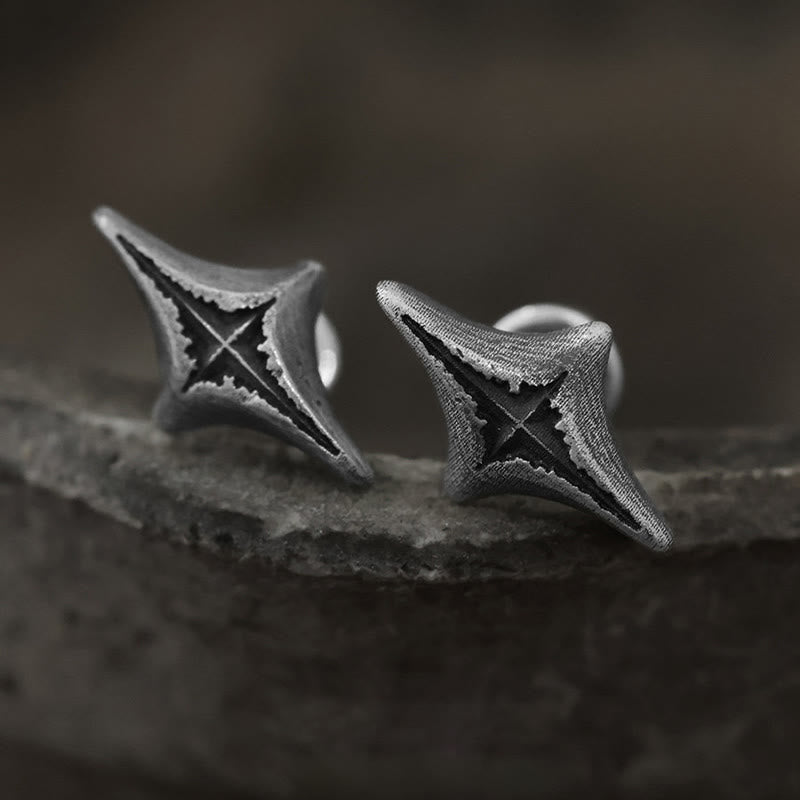 WorldNorse Handcrafted 999 Silver Four Pointed Star Carved Earrings - A Pair - image 0