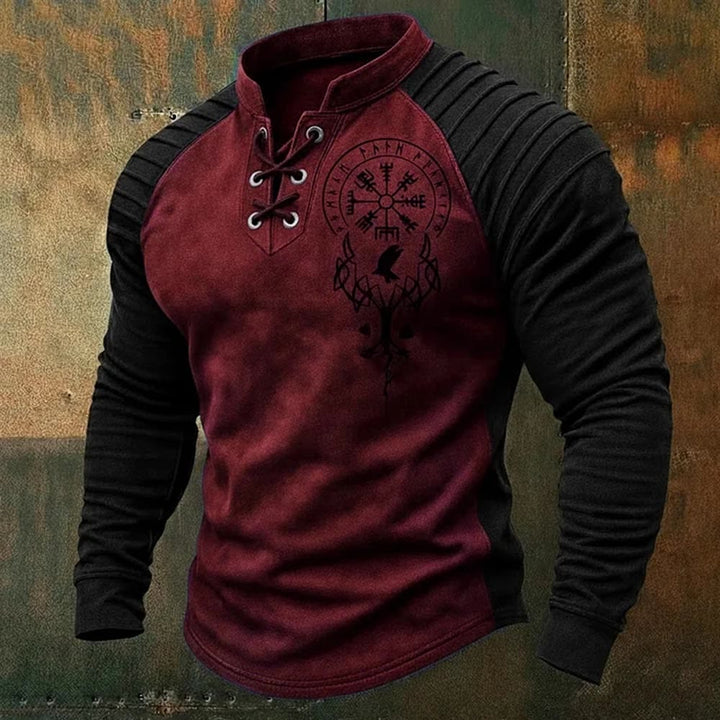WorldNorse Yggdrasil Vegvisir Raven Lace-up Henley Shirt - Red - US/UK/AU50，EU60 (5XL) - image 5