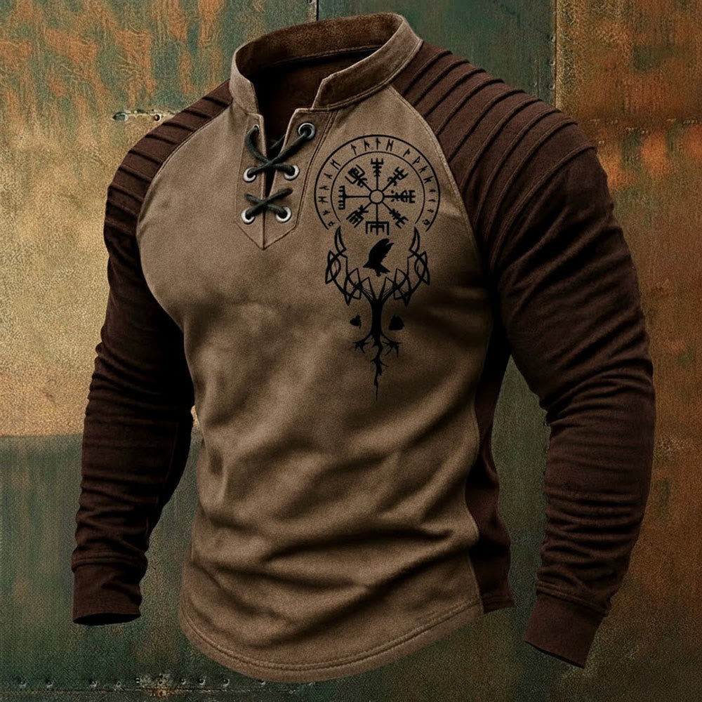 WorldNorse Yggdrasil Vegvisir Raven Lace-up Henley Shirt - Khaki - US/UK/AU50，EU60 (5XL) - image 0