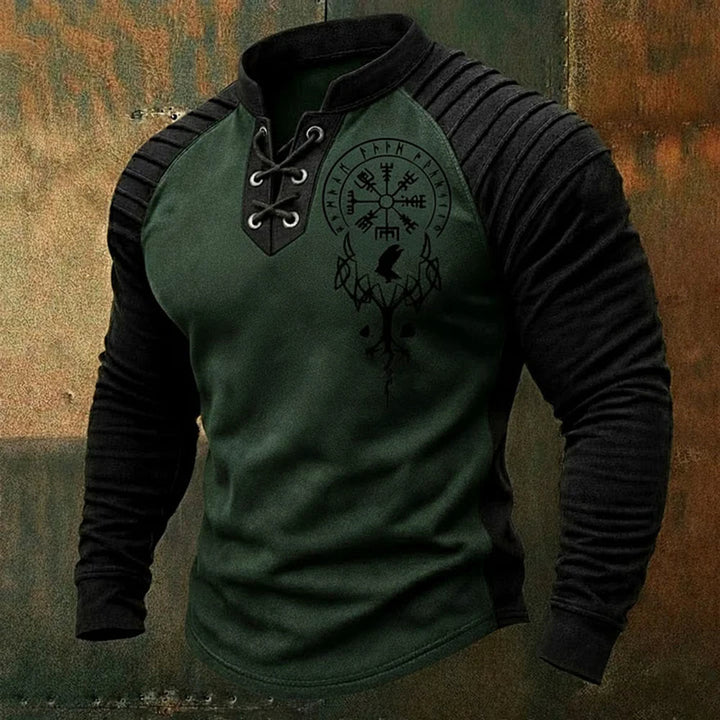 WorldNorse Yggdrasil Vegvisir Raven Lace-up Henley Shirt - Green - US/UK/AU50，EU60 (5XL) - image 3