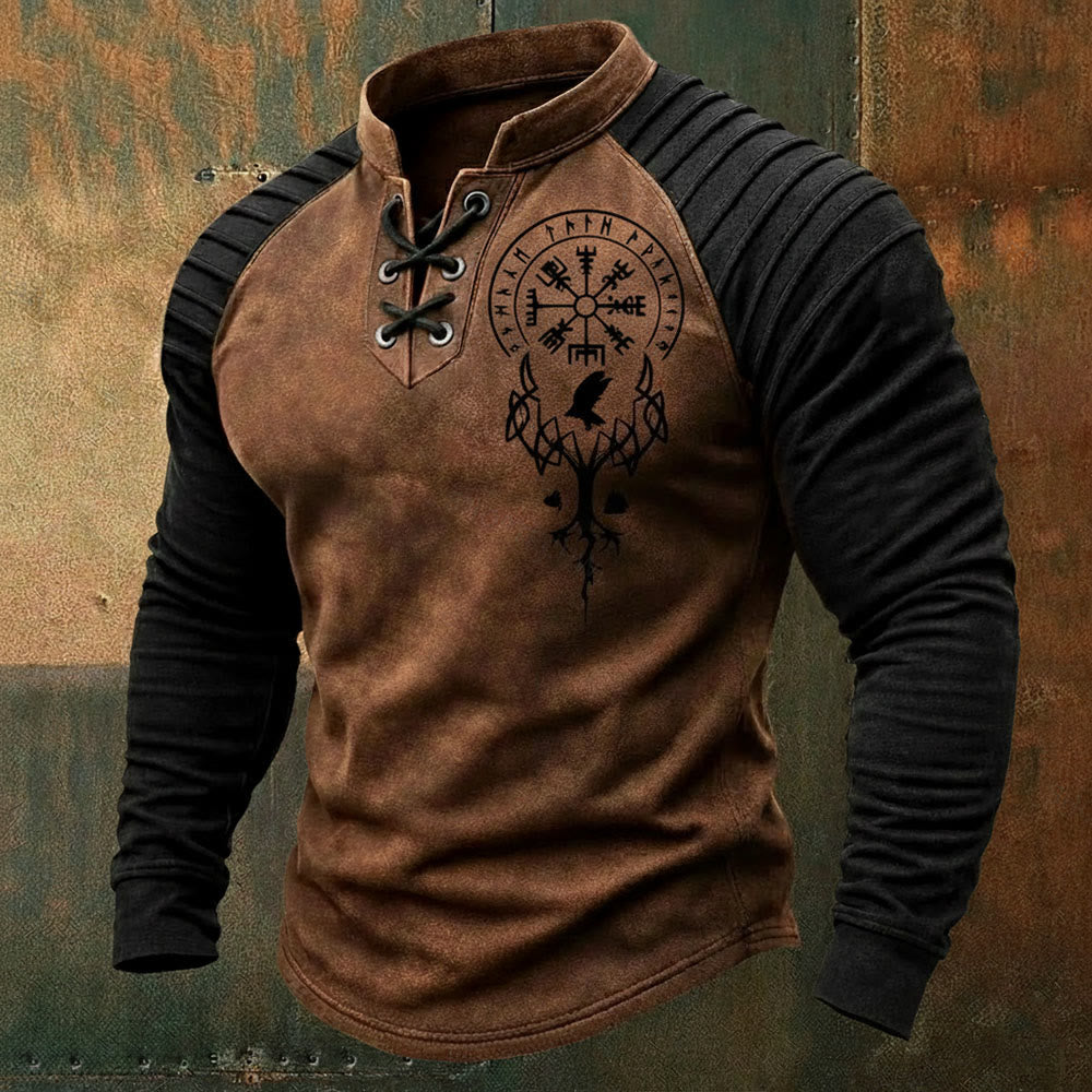 WorldNorse Yggdrasil Vegvisir Raven Lace-up Henley Shirt - Brown - US/UK/AU50，EU60 (5XL) - image 1