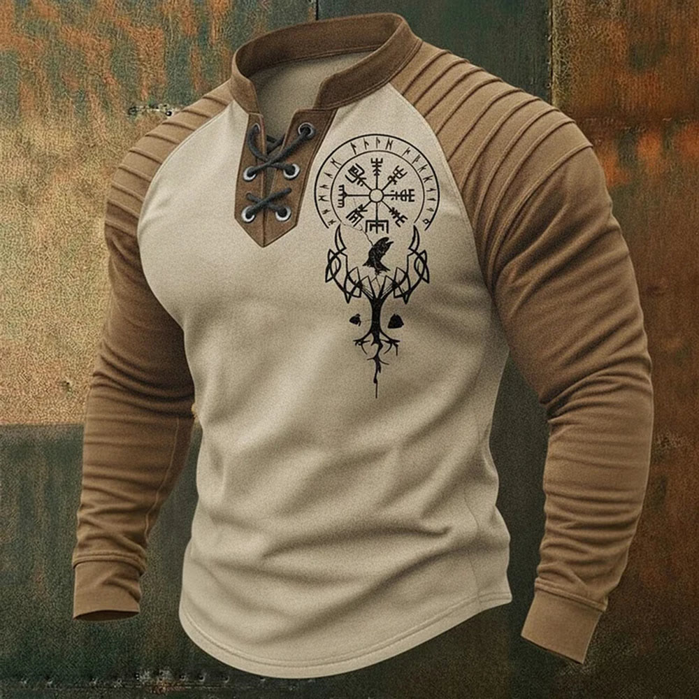 WorldNorse Yggdrasil Vegvisir Raven Lace-up Henley Shirt - Beige - US/UK/AU50，EU60 (5XL) - image 6