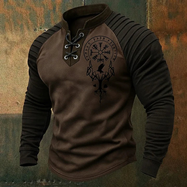 WorldNorse Yggdrasil Vegvisir Raven Lace-up Henley Shirt - Bark - US/UK/AU50，EU60 (5XL) - image 2