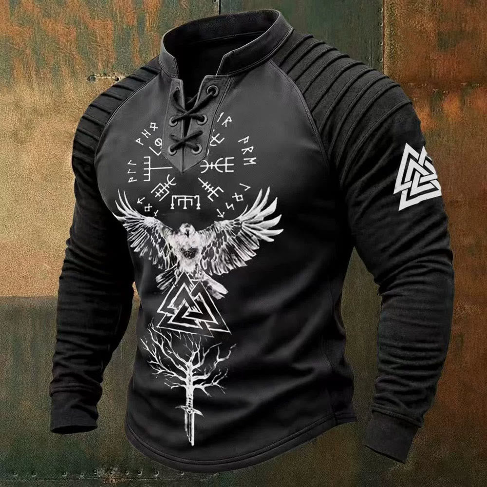 WorldNorse Valknut Vegvisir Raven Lace-up Henley Shirt - US/UK/AU50，EU60 (5XL) - image 0