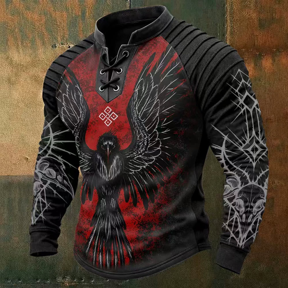 WorldNorse Runic Thorned Raven Skull Lace-up Henley Shirt - US/UK/AU50，EU60 (5XL) - image 0