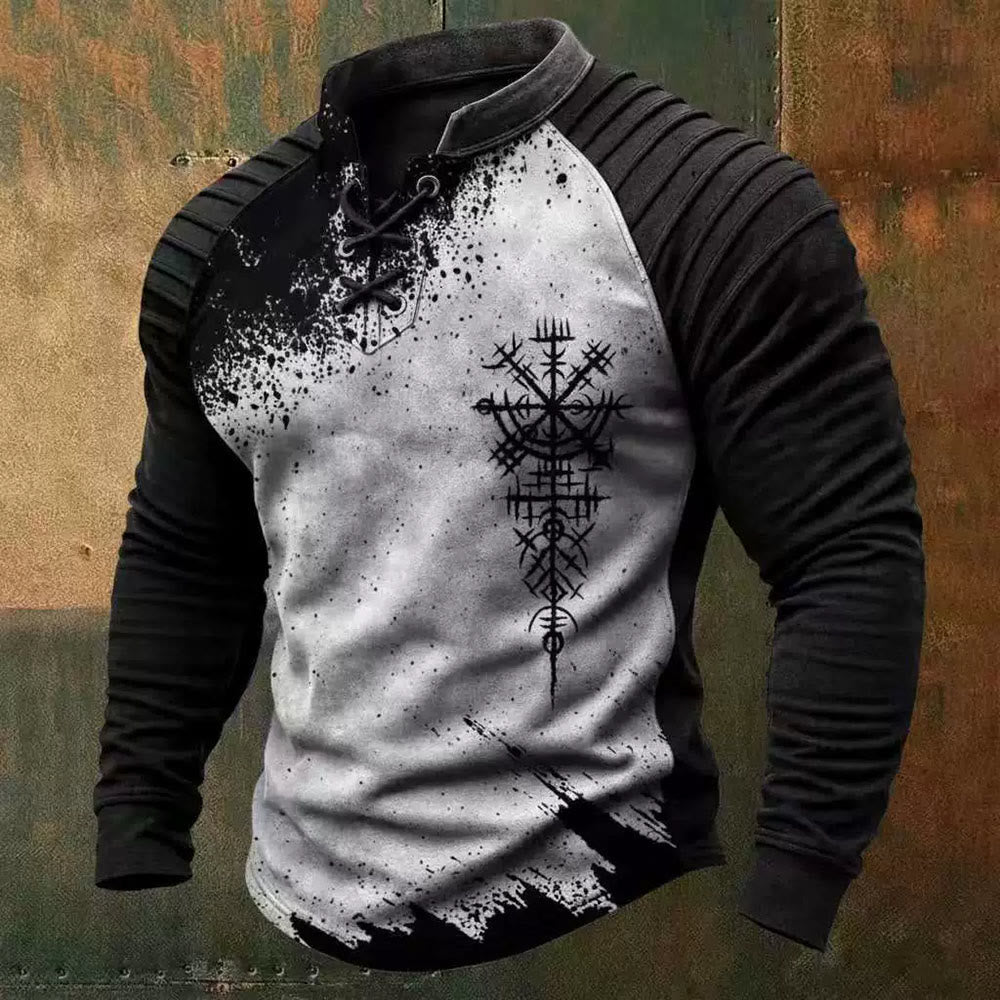 WorldNorse Viking Vegvisir Compass Ink Splash Lace-up Henley Shirt - US/UK/AU50，EU60 (5XL) - image 0
