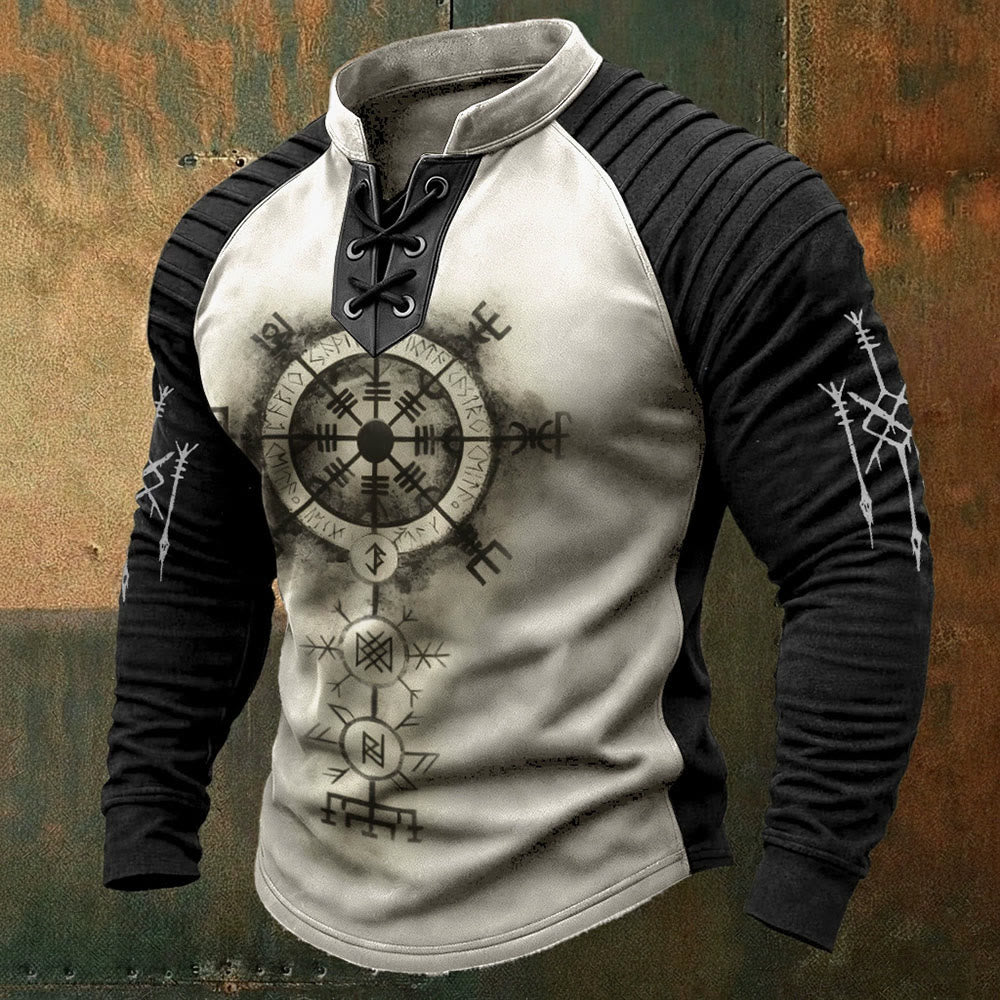 WorldNorse Nordic Vegvisir Compass Rune Totem Lace-up Henley Shirt - US/UK/AU50，EU60 (5XL) - image 0