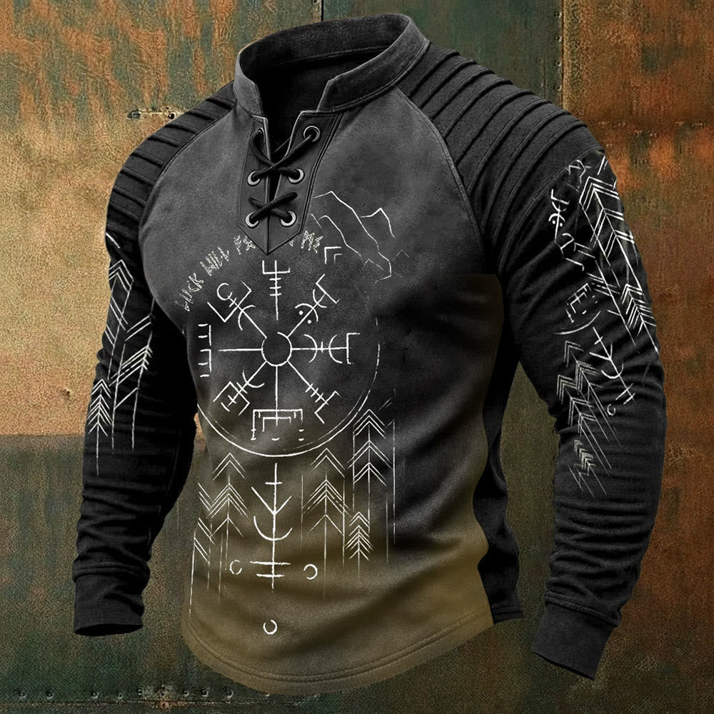 WorldNorse Viking Vegvisir Runic Mountain Lace-up Henley Shirt - US/UK/AU50，EU60 (5XL) - image 0