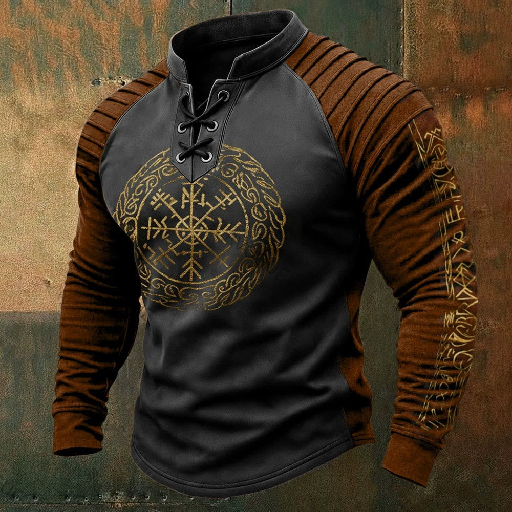 WorldNorse Norse Vegvisir Celtic Knot Rune Lace-up Henley Shirt - US/UK/AU50，EU60 (5XL) - image 0