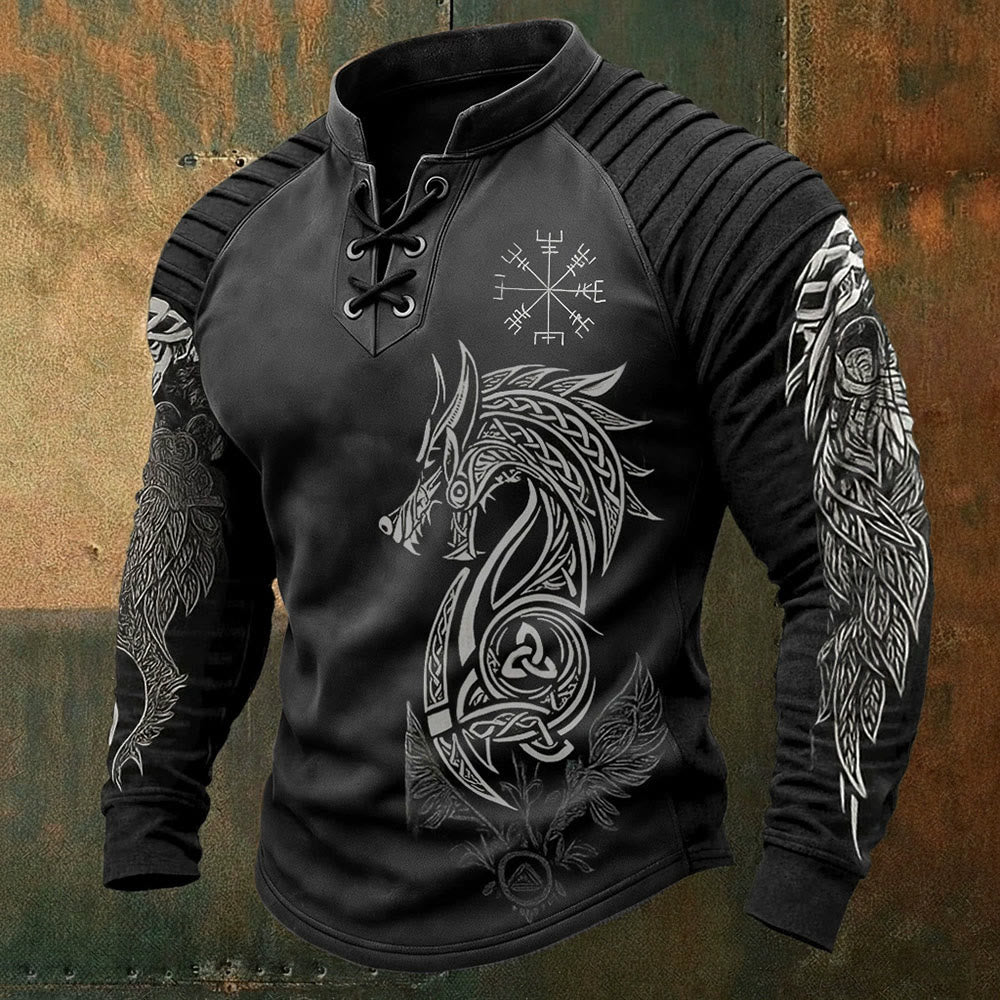 WorldNorse Norse Dragon Vegvisir Triquetra Celtic Knot Lace-up Henley Shirt - US/UK/AU50，EU60 (5XL) - image 0