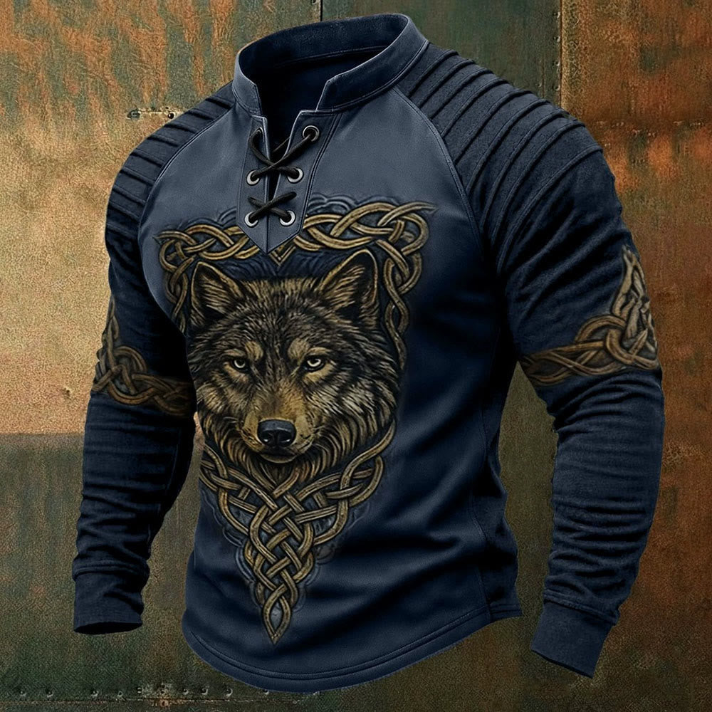 WorldNorse Viking Wolf Celtic Woven Knot Totem Lace-up Henley Shirt - US/UK/AU50，EU60 (5XL) - image 0
